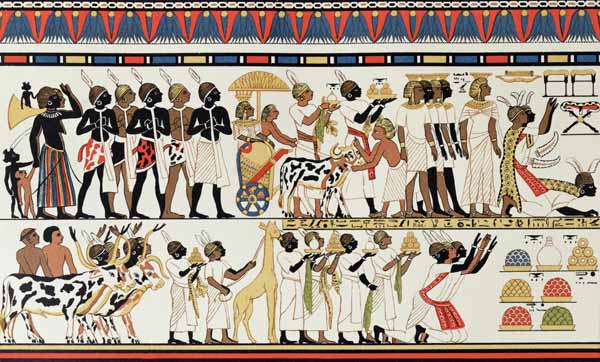 Nubian chiefs bringing presents to the King of Egypt, copy of an Ancient Egyptian wall painting from a Scuola Inglese