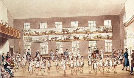 Mr Owen's Institution, New Lanark (Quadrille Dancing), engraved by George Hunt a Scuola Inglese