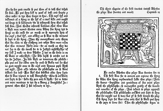 Pages from the English translation of ''De Ludo Saccorum'' Jacques de Cessoles, including an illustr a Scuola Inglese