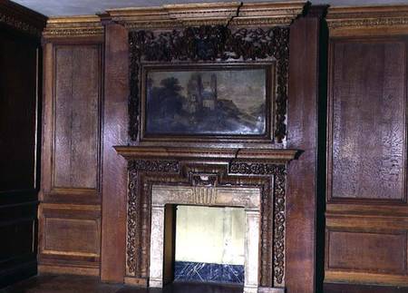 Panelling and chimney-piece from the Old Palace, Bromley-by-Bow a Scuola Inglese