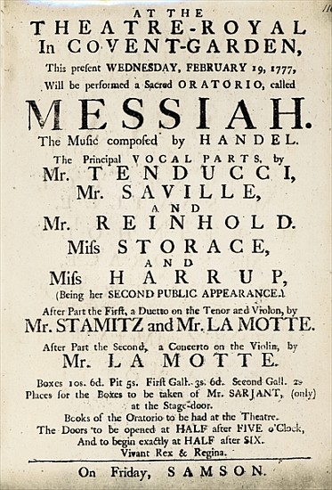 Playbill advertising a performance of Handel''s Oratorio, ''Messiah'' in 1777 a Scuola Inglese
