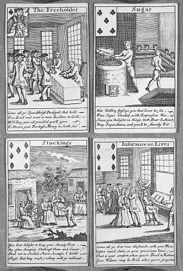 Playing Cards depicting current commercial ventures, c.1720 a Scuola Inglese