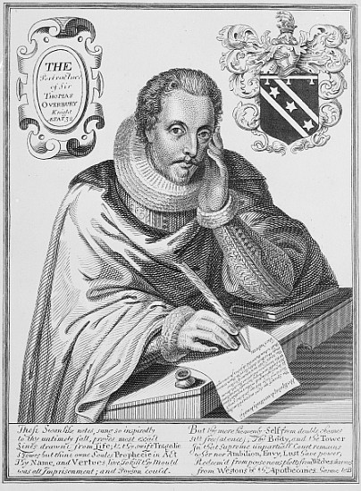 Portrait of Sir Thomas Overbury (1581-1613) writing out his epitaph; engraved by Renold Elstrack (15 a Scuola Inglese