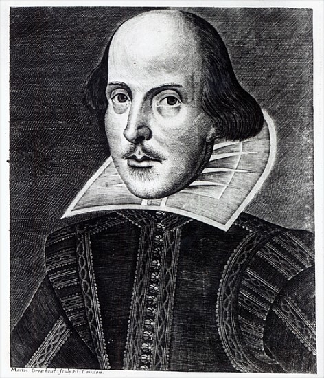 Portrait of William Shakespeare; engraved by Martin Droeshout a Scuola Inglese