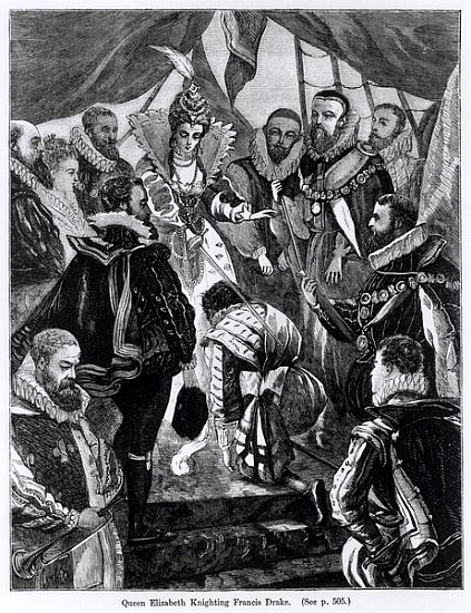 Queen Elizabeth I (1530-1603) Knighting Francis Drake (c.1540-96) in 1581 a Scuola Inglese