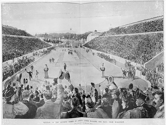Revival of the Olympic Games in Athens: Loues winning the race from Marathon, 10th April 1896 a Scuola Inglese