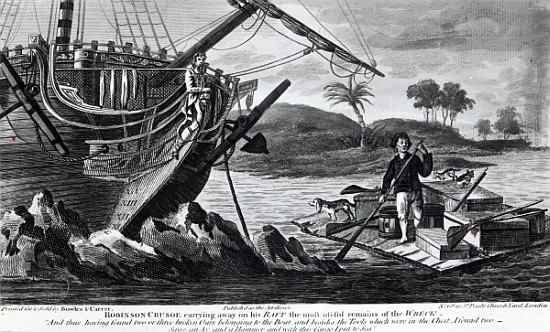 Robinson Crusoe carrying away on his raft the most useful remains of the wreck a Scuola Inglese