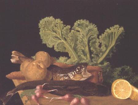 Still life of vegetables and fish a Scuola Inglese
