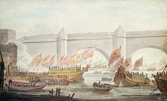 The Lord Mayor landing at Westminster, with a View of the Bridge a Scuola Inglese