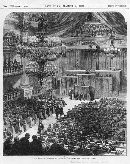The National Assembly at Bordeaux discussing the terms of peace, the 4th of March 1871 (b/w engravin a Scuola Inglese