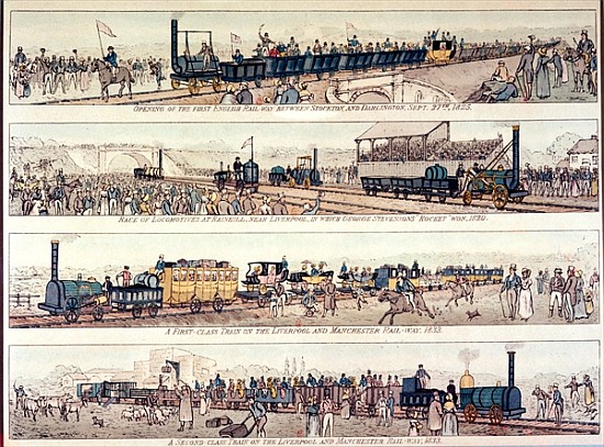 The opening of the Stockton and Darlington railroad, 1825; Locomotive race at Rainhill, near Liverpo a Scuola Inglese