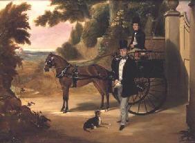 Two gentleman with their trap in a wooded landscape