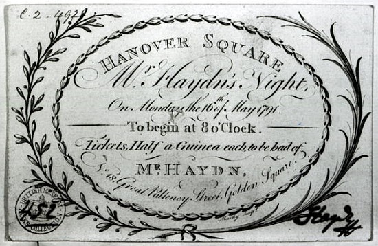 Ticket to ''Mr. Haydn''s Night'' in Hanover Square, 16th May 1791 a Scuola Inglese