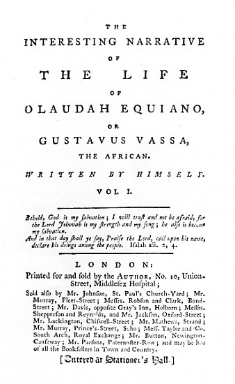 Title page to ''The Interesting Narrative of the Life of Olaudah Equiano, or Gustavus Vassa, the Afr a Scuola Inglese