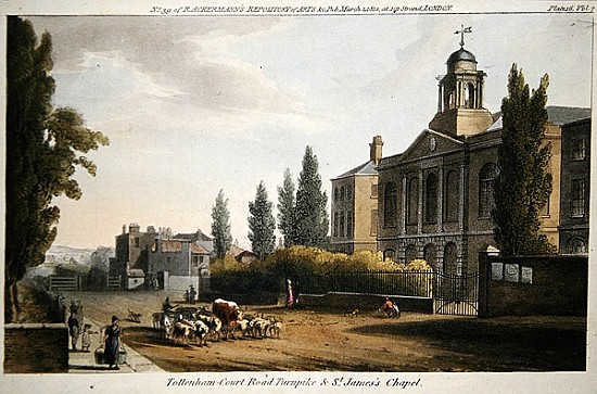 Tottenham Court Road Turnpike and St. James''s Chapel, from ''Ackerman''s Repository of Arts'' publi a Scuola Inglese