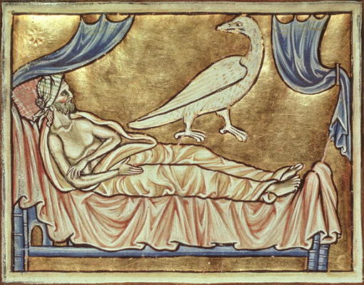 Roy 12 C XIX f.47v Caladrius bird, reputed to foretell the fate of a sick man, above a man in bed, f a English School, (13th century)