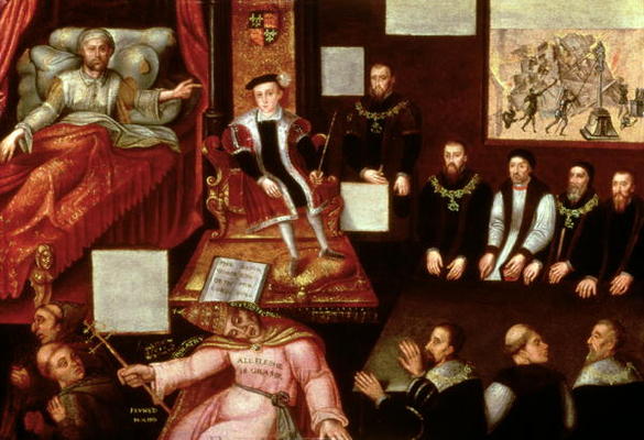 King Edward VI (1537-53) and the Pope, c.1570 (oil on panel) a English School, (16th century)