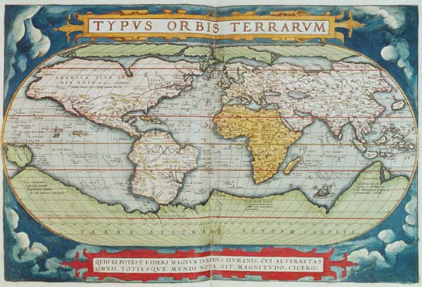Map charting Sir Francis Drake's (c.1540-96) circumnavigation of the globe, engraved by Frans Hogenb a English School, (16th century)