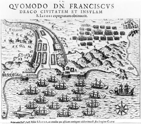 Plan Showing how Francis Drake (c.1540-96) Stormed and Held the Island of San Jacob (engraving) (b/w a English School, (17th century)