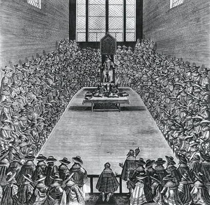 King James I (1566-1625) in the Houses of Parliament, 1624 (engraving) (b/w photo) a English School, (17th century)