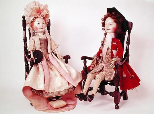 Lord and Lady Clapham, c.1680s (wooden dolls) (see also 2453) a English School, (17th century)
