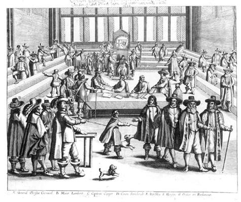 Oliver Cromwell (1599-1658) Dissolving The Parliament (engraving) (b/w photo) a English School, (17th century)