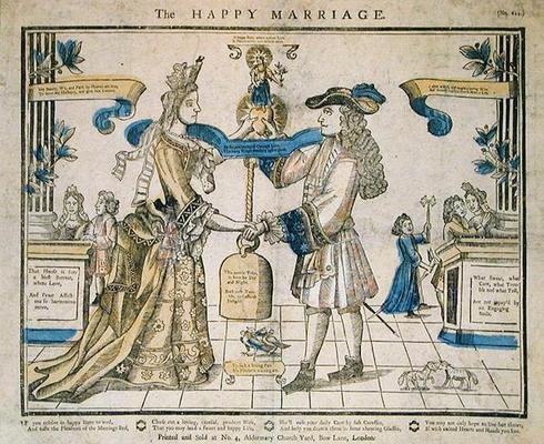 The Happy Marriage (stencil coloured woodcut) a English School, (17th century)