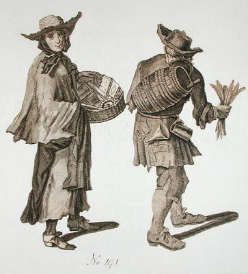 'Buy a new Almanac! Fine writing ink!', illustration of street sellers around 1675 (engraving) a English School, (17th century) (after)