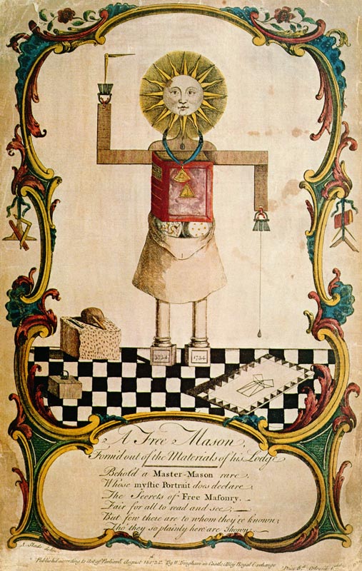 A freemason forged through the tools of his lodge, 1754 (coloured engraving) a English School, (18th century)