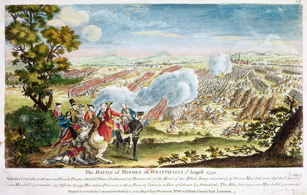 The Battle of Minden in Westphalia in 1759 (colour litho) a English School, (18th century)