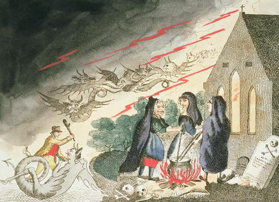 Three Witches in a Graveyard, c.1790s (coloured engraving) a English School, (18th century)