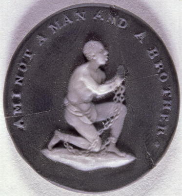 Wedgwood jasper medallion decorated with a slave in chains and inscribed with 'Am I not a Man and a a English School, (18th century)