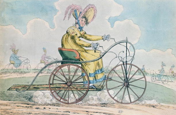 Bicycle with three wheels, the Ladies' hobby, 1819 (colour litho) a English School, (19th century)