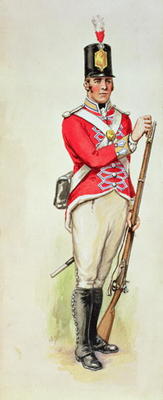British soldier in Napoleonic times carrying a musket (w/c) a English School, (19th century)