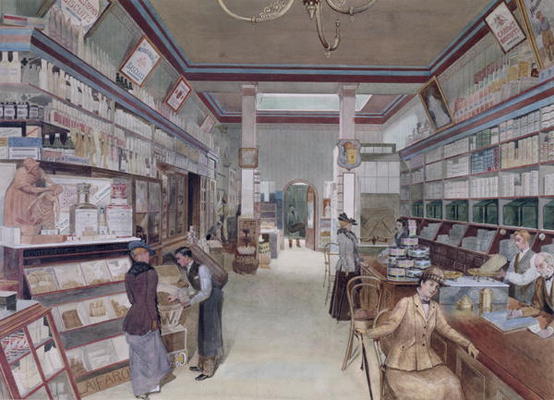 Interior of a London Shop, late 19th century (w/c on paper) a English School, (19th century)
