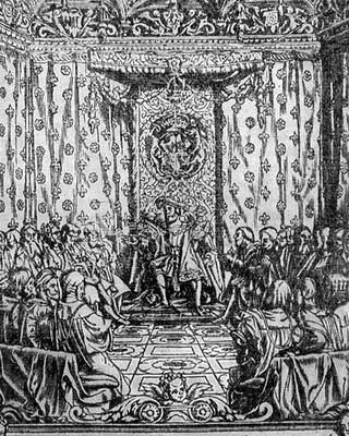King Henry VIII (1491-1547) in Parliament, from a contemporary print (engraving) a English School, (19th century)