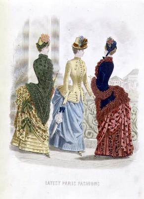 Latest Paris Fashions, three day dresses in a fashion plate from 'The Queen', May 1885 (coloured eng a English School, (19th century)