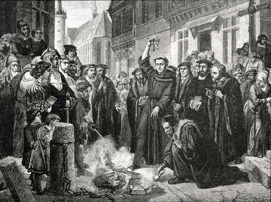 Martin Luther (1483-1546) Publicly Burning the Pope's Bull in 1521 (engraving) a English School, (19th century)
