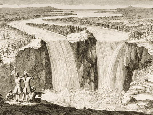Niagara Falls, after a sketch made by Father Hennepin in 1677, from 'American Pictures' published by a English School, (19th century)