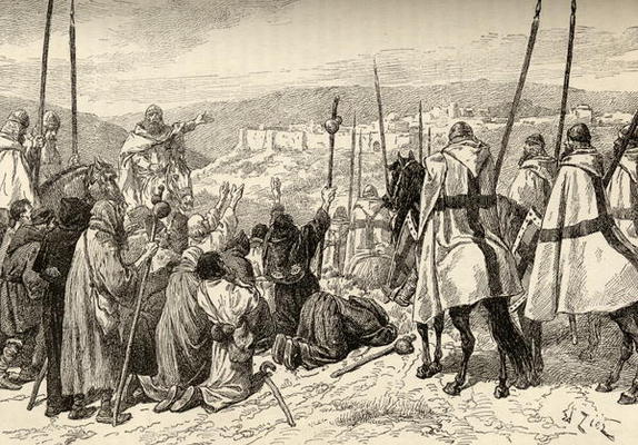Pilgrims under escort of Knights Templar in front of Jerusalem in the 12th century (engraving) a English School, (19th century)