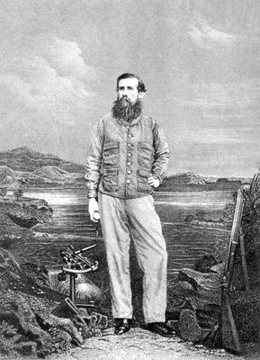 Portrait of John Speke (1827-64) in front of Lake Victoria, frontispiece to 'Journal of the Discover a English School, (19th century)