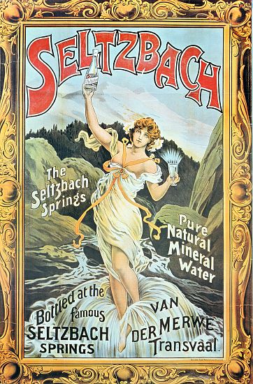 Poster advertising 'Seltzbach' pure natural mineral water from the Seltzbach Springs, Van der Merwe, a English School, (19th century)