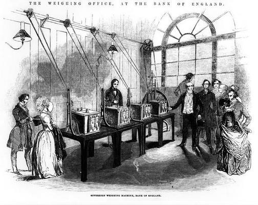 Sovereign Weighing Machine, Bank of England (engraving) (b/w photo) a English School, (19th century)