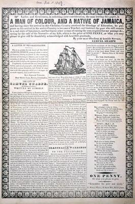 A Man of Colour, and a Native of Jamaica, February 1843 (letterpress broadside with wood engraved vi