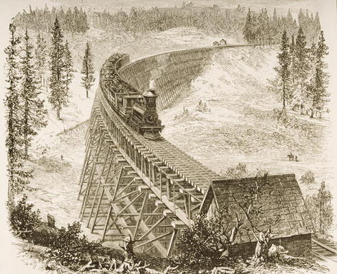Trestle Bridge on the Pacific Railway, Sierra Nevada, c.1870, from 'American Pictures', published by a English School, (19th century)