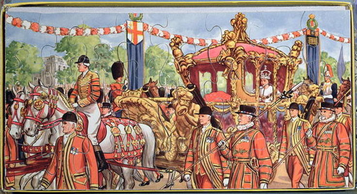 Jigsaw puzzle depicting the Coronation of Queen Elizabeth II (b.1926) 2nd June 1953 (colour litho on a English School, (20th century)