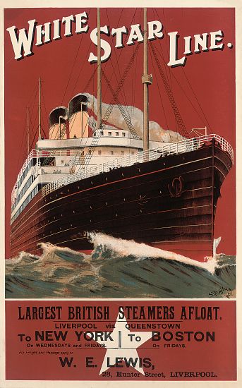 Poster advertising routes to New York and Boston with the shipping company White Star Line a English School, (20th century)