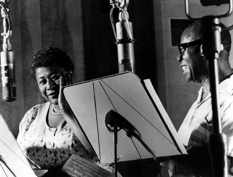 Ella Fitzgerald American jazz Singer with Louis Armstrong jazz trumpet player and Singer during a re a English Photographer, (20th century)