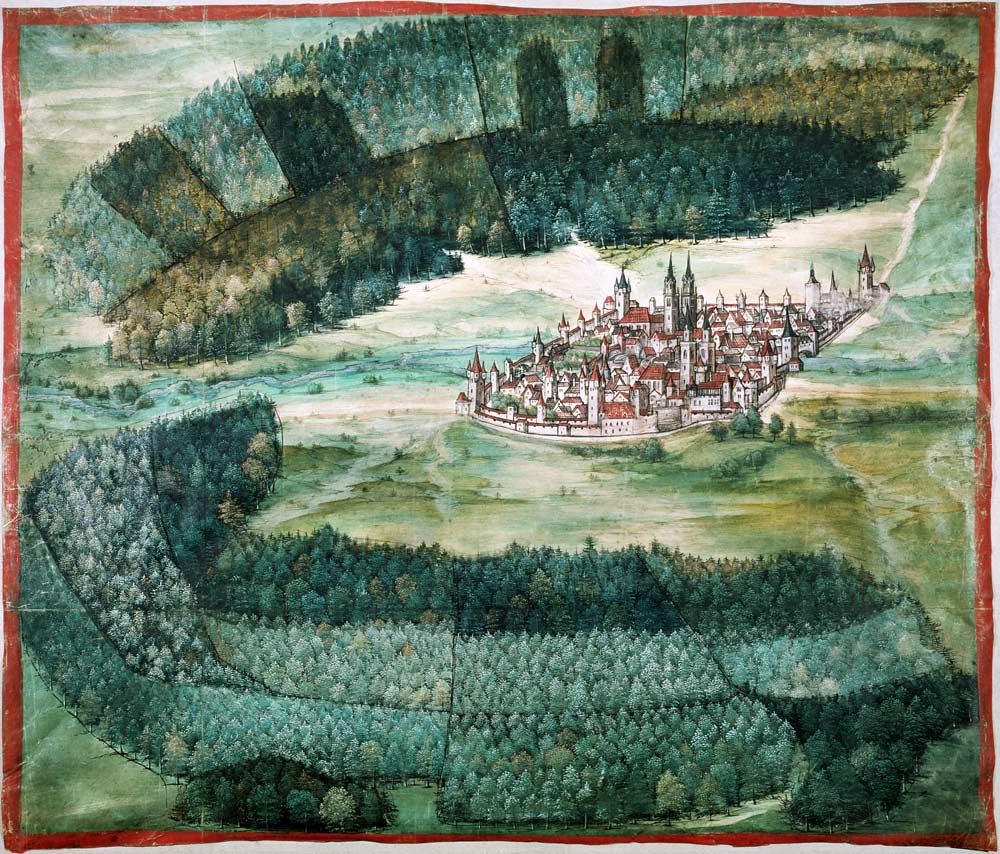 Ansicht der Stadt Nuernberg von Norden mit Sebalder und Lorenzer Wald a Erhard Etzlaub.