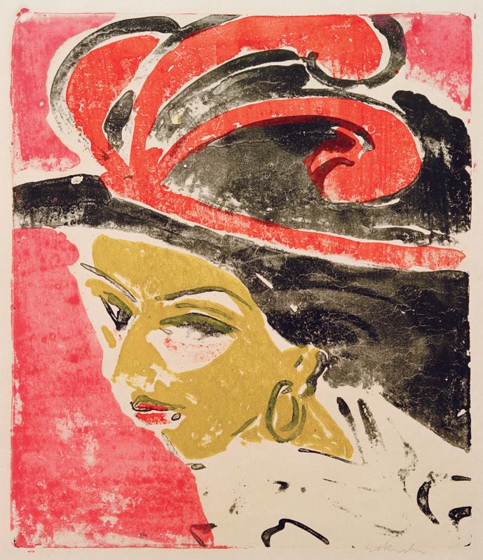 Cocotte head with plumed hat. a Ernst Ludwig Kirchner